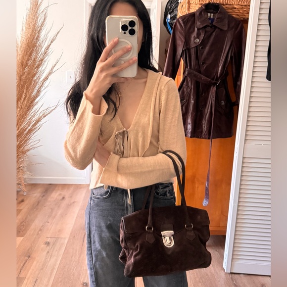 Prada Vintage Scamosciato Brown Suede Shoulder Bag Silver Hardware Push Lock - Picture 4 of 16